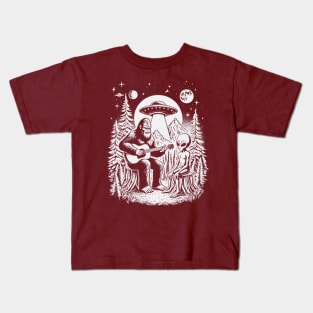 Bigfoot and Alien Play Guitar In The Wild Kids T-Shirt